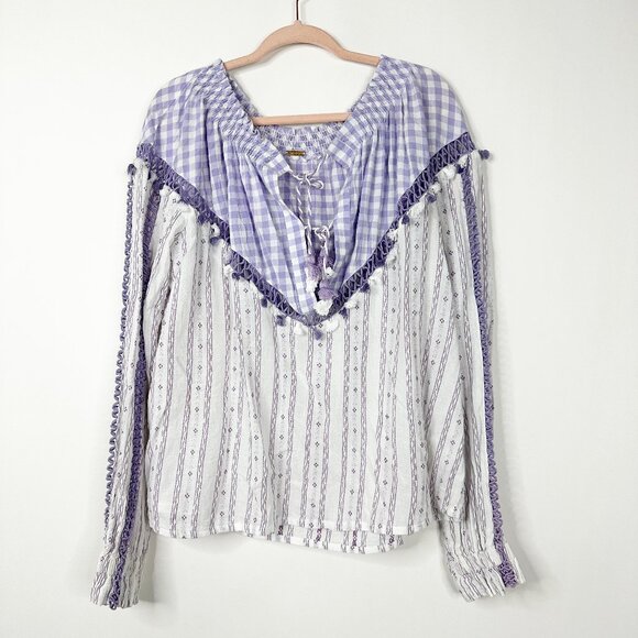 2/$30 Dodo Bar Or Gingham Smock Boho Blouse Lavender White Small #A0465 TRB3 - Picture 4 of 9